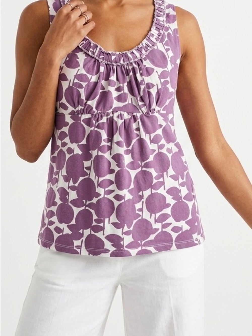 Boden Purple Apple Print Ruffle Neck Tank Top Size 4 Floral